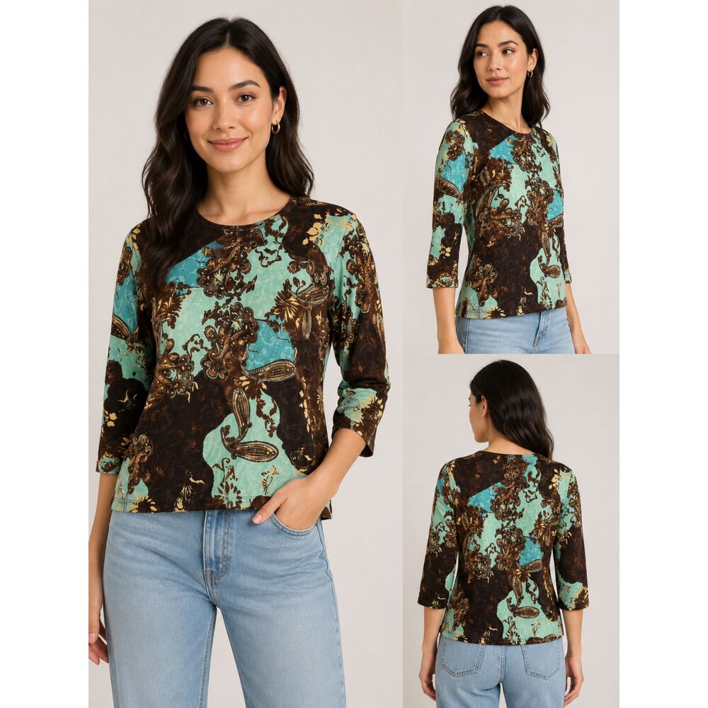 Joseph A Paisley Retro Boho Top Turquoise Brown 3/4 Sleeve Stretch XL